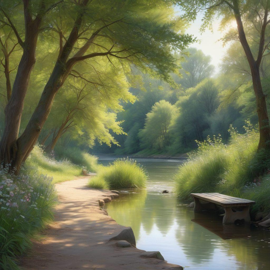 A serene and compassionate scene featuring a gently flowing river surrounded by lush green trees, with soft sunlight filtering through the branches. Include delicate flowers along the riverbank and a calming, reflective figure sitting on a bench, contemplating life. The atmosphere should evoke feelings of peace and understanding, symbolizing the journey through grief. soft colors. pastel. super-realistic.