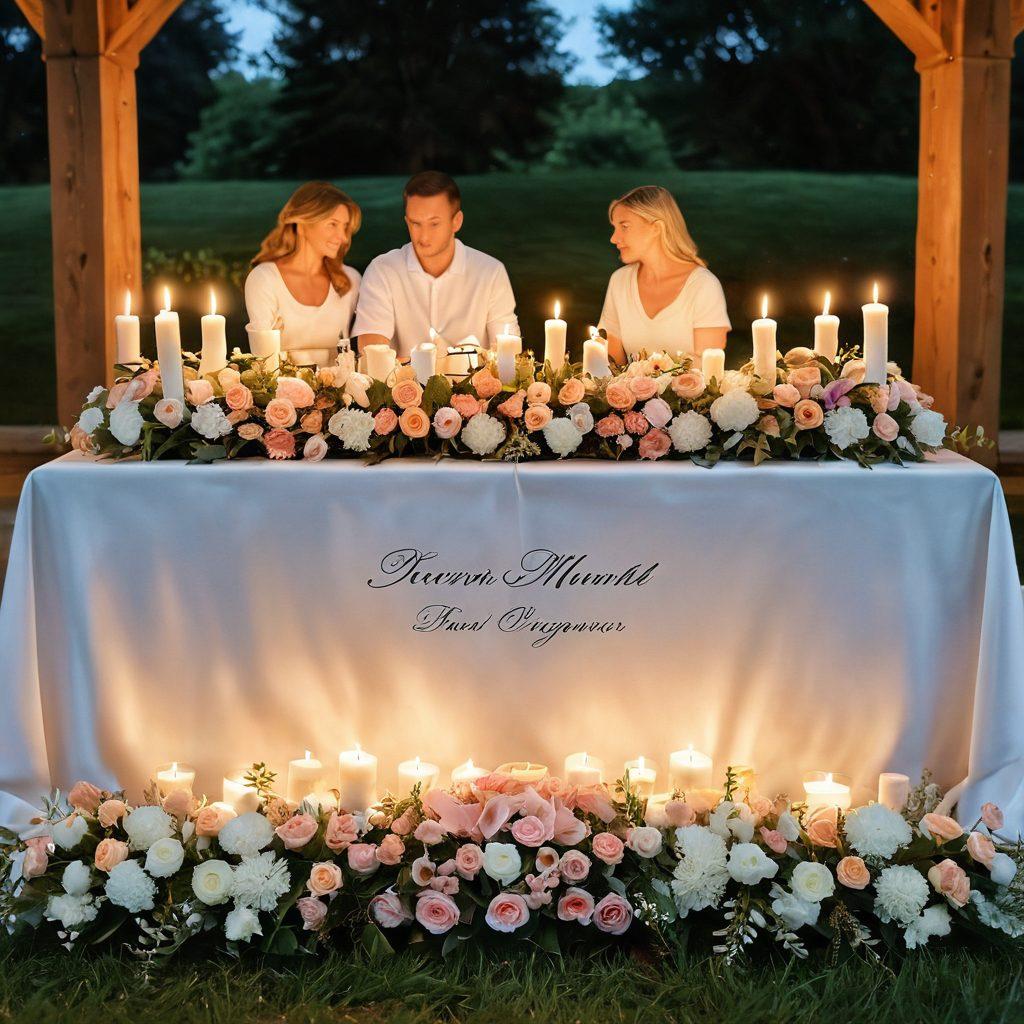 A serene and heartfelt scene depicting a family gathered around a beautifully adorned memorial table, featuring personalized mementos and candles in soft light. Include gentle floral arrangements and a peaceful nature backdrop, evoking warmth and remembrance. The atmosphere should reflect love, comfort, and support among loved ones. super-realistic. soft pastel colors. warm lighting.