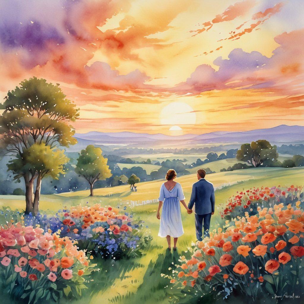 A serene scene depicting a beautiful, tranquil sunset over a peaceful landscape, featuring a small gathering of diverse people embracing each other, symbolizing support and compassion. Include elegant floral arrangements in the foreground, connected to themes of remembrance and celebration of life. Soft, warm lighting creates a comforting atmosphere. watercolor painting. vibrant colors.